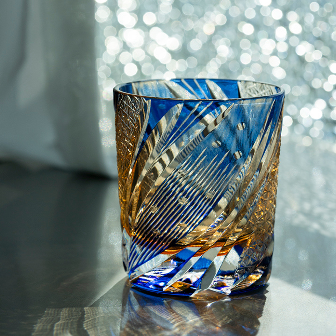 thumbnail image 2 of Japanese Edo Kiriko Style Hand-Cut Crystal Whisky Tumbler - 9oz (250ml) Black/Feather 2 of 6