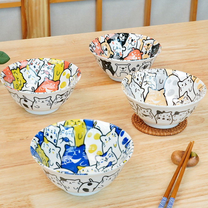 Mino Ware Cat and Dog Series Underglaze Rice Bowl