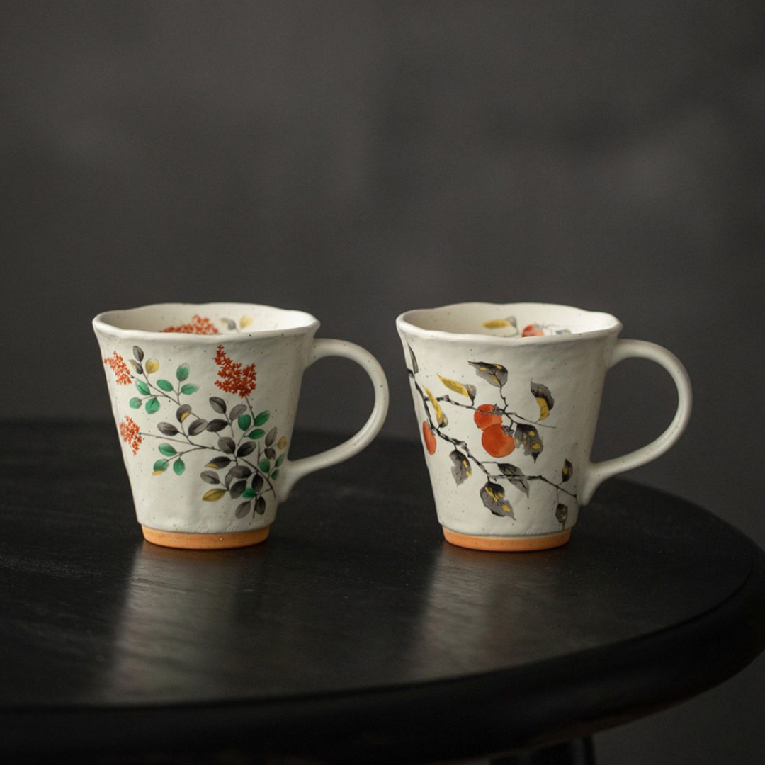 Mino Ware Orimono Tsubaki Hana Couple Mug Set