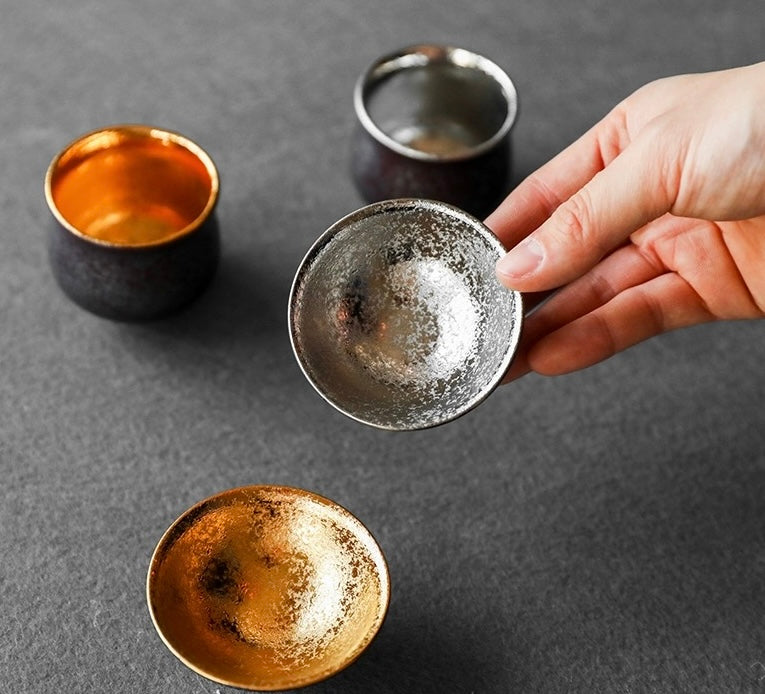 Arita-Yaki Handcrafted Vintage Gold and Silver Glaze Sake Cup Set - Japanese sake cup - Hikari Spirits