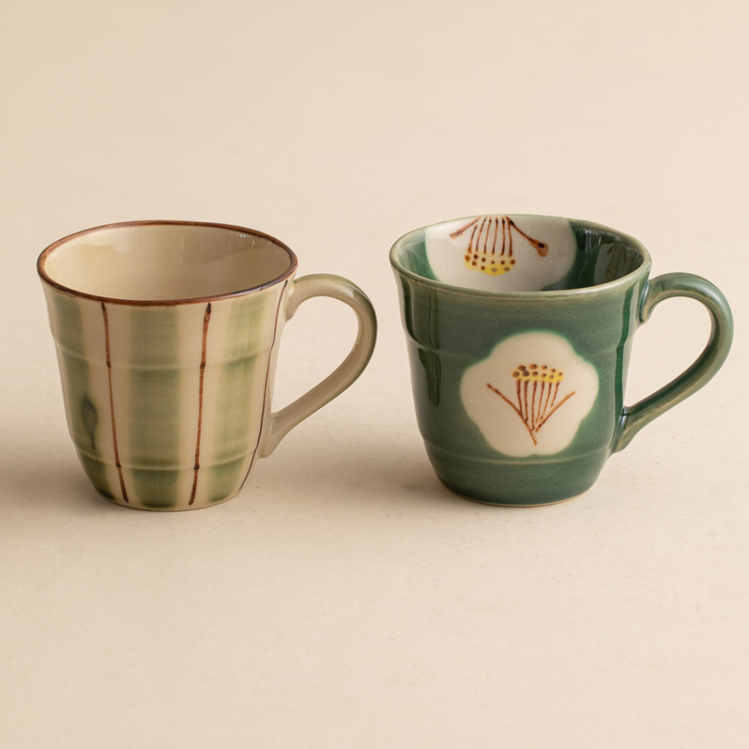 Mino Ware Orimono Tsubaki Hana Couple Mug Set