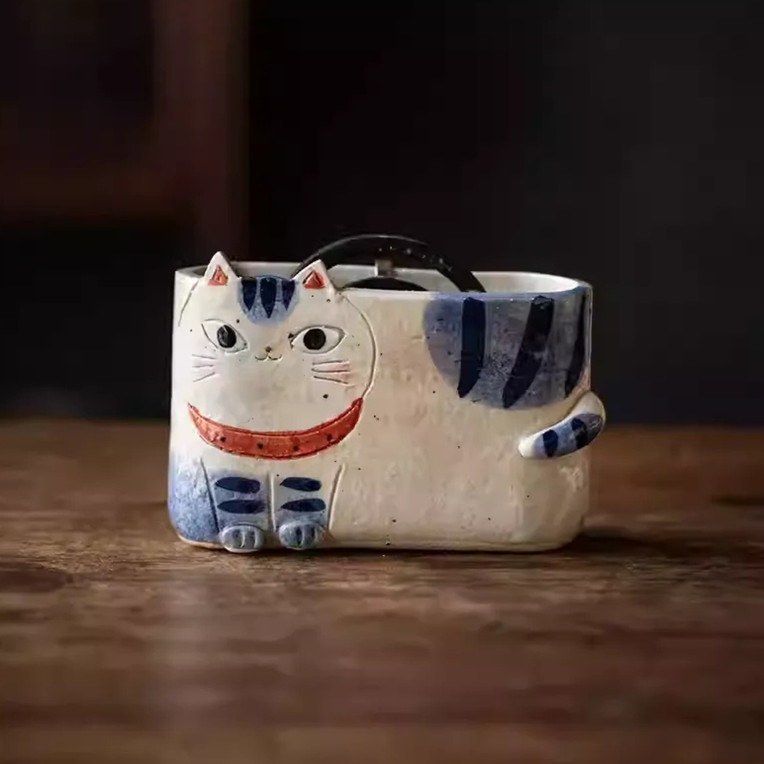 Kanesan Hand-Painted Cat Ceramic Planter - Japanese Craftmanship - Handcraft - Made in Japan - Luxury Gift - Premium Gift- Wedding Gift - House-Warming Gift - Edo Kiriko - Japanese Artisan - Japanese Whisky Glass - Japanese Whiskey Glass - Japanese Chopsticks - Japanese Bowls - Handcrafted Mug - Handcrafted Plate - Japanese Mug - Japanese Knife - Japanese whiskey glass gift - premium whiskey glass - artisan whiskey glass - Japanese artisan glassware - Edo Kiriko whiskey glass - Vase - Hikari Spirits