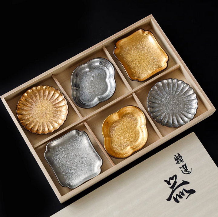 Hasami Ware Toyotsu Handcrafted Gold and Silver Decorated Dessert Plate Gift Set - Plates - Hikari Spirits