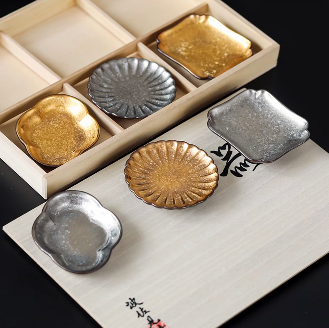 Hasami Ware Toyotsu Handcrafted Gold and Silver Decorated Dessert Plate Gift Set - Plates - Hikari Spirits