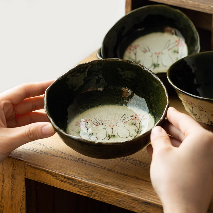 Seto Ware Hand-Painted Cute Rabbit Snack Bowl - Japanese Bowls - Hikari Spirits