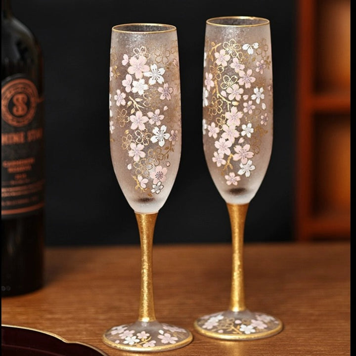 Aderia Sakura Gold-Trim Frosted Wine Glass - Wine Glass - Hikari Spirits