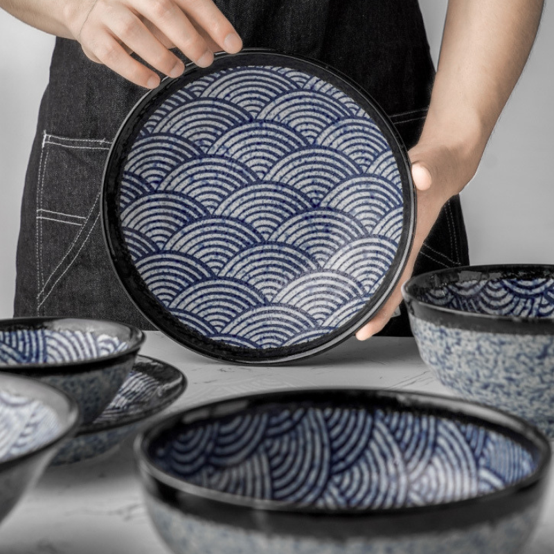 Mino Ware Wave Pattern Retro Underglaze Bowl and Plate Set