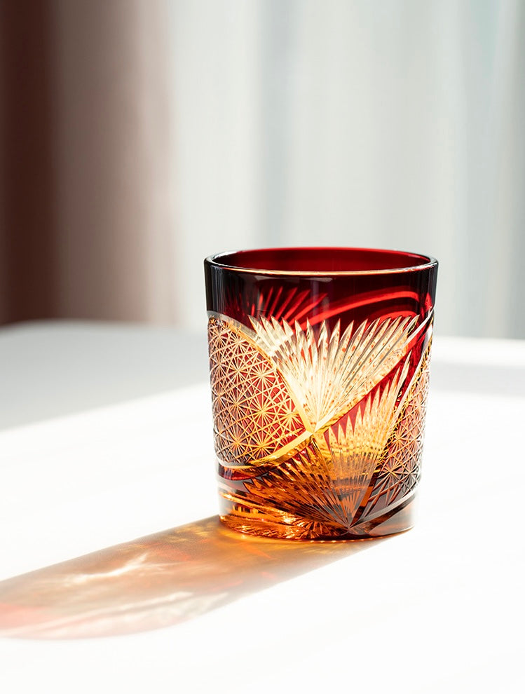 Edo Kiriko Hand-Carved Peacock Pattern Whiskey Glass - Whisky Glasses - Hikari Spirits