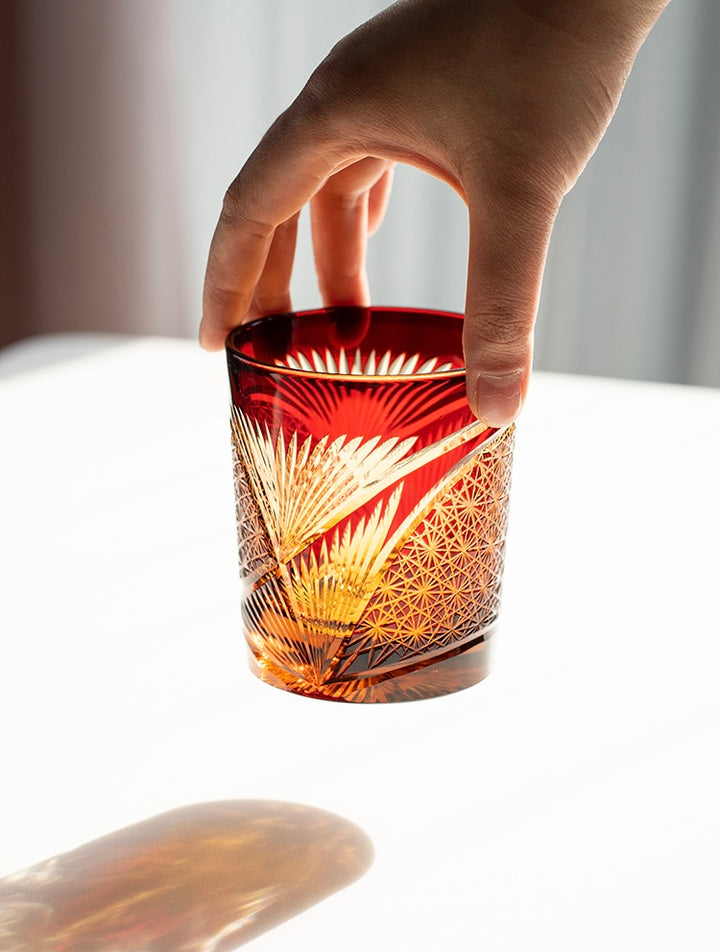 Edo Kiriko Hand-Carved Peacock Pattern Whiskey Glass - Whisky Glasses - Hikari Spirits