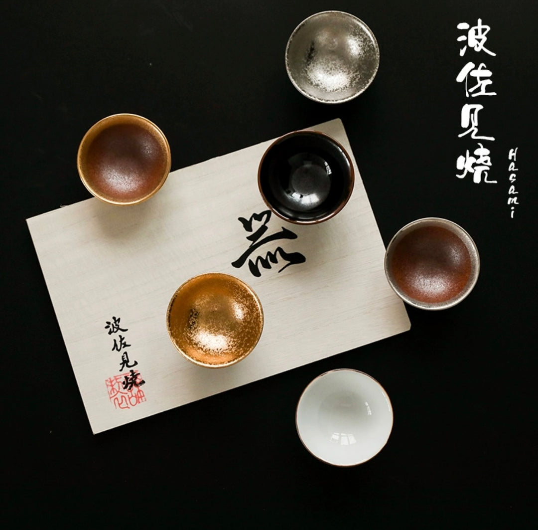 Hasami-Yaki Gold and Silver Tenmoku Chawan Set - Japanese tea cup - Hikari Spirits