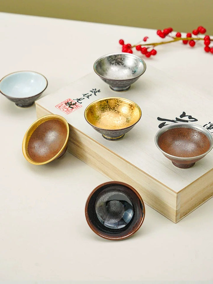 Hasami-Yaki Gold and Silver Tenmoku Chawan Set - Japanese tea cup - Hikari Spirits