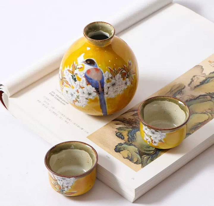 Kutani Ware Hand-Painted Cherry Blossom and Bird Sake Set - Japanese sake cup - Hikari Spirits