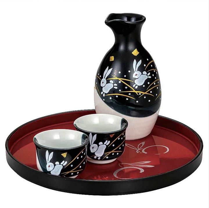 Kutani Ware Hand-Painted Running Rabbit Sake Set - Japanese sake cup - Hikari Spirits