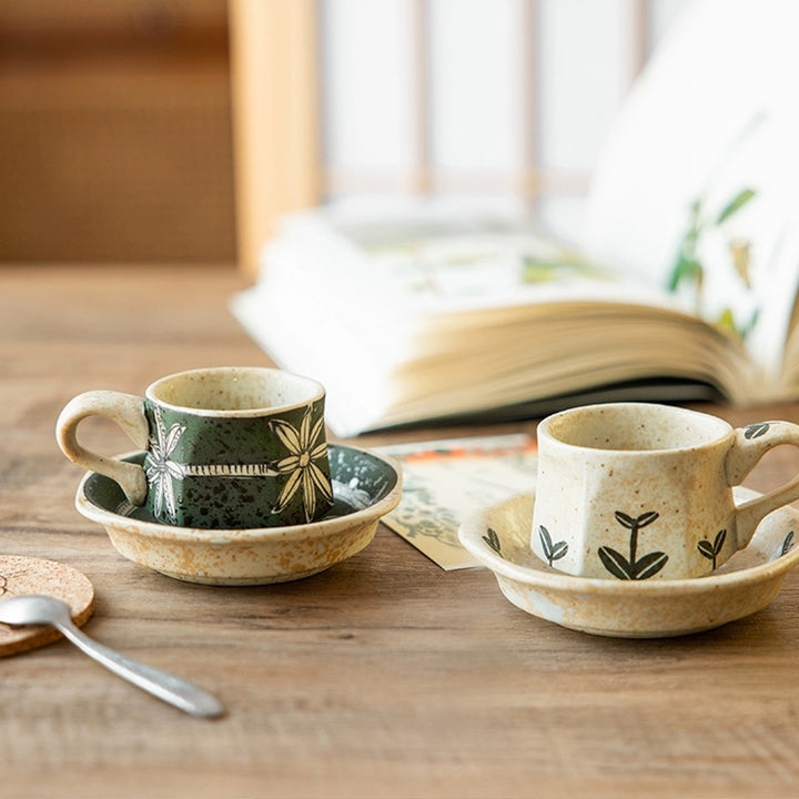 Hasami-Yaki Ceramic Hand-Painted Floral and Leaf Pattern Coffee Cup - Coffee Sets - Hikari Spirits