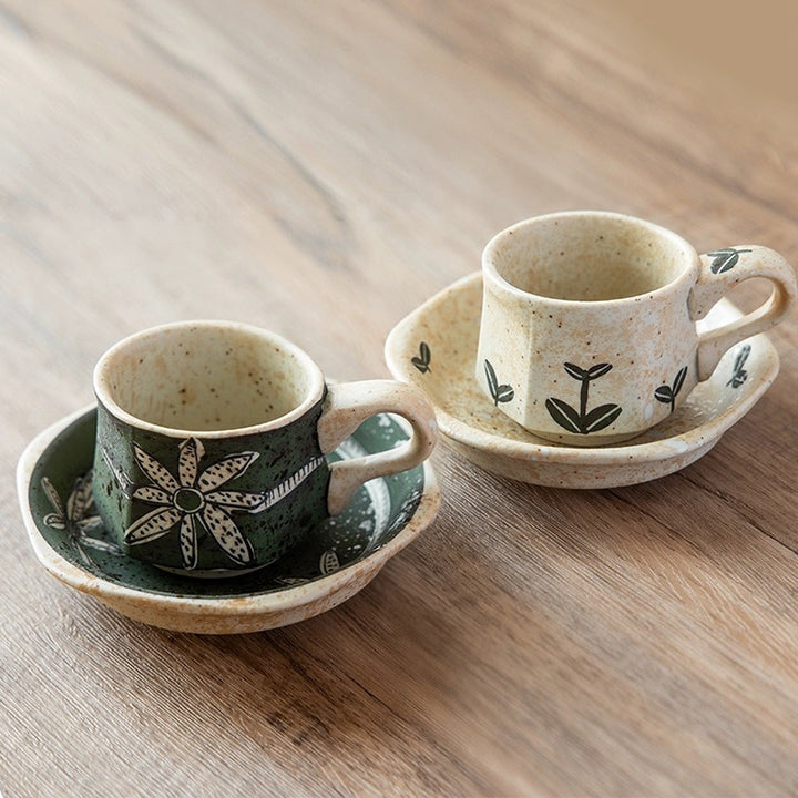 Hasami-Yaki Ceramic Hand-Painted Floral and Leaf Pattern Coffee Cup - Coffee Sets - Hikari Spirits