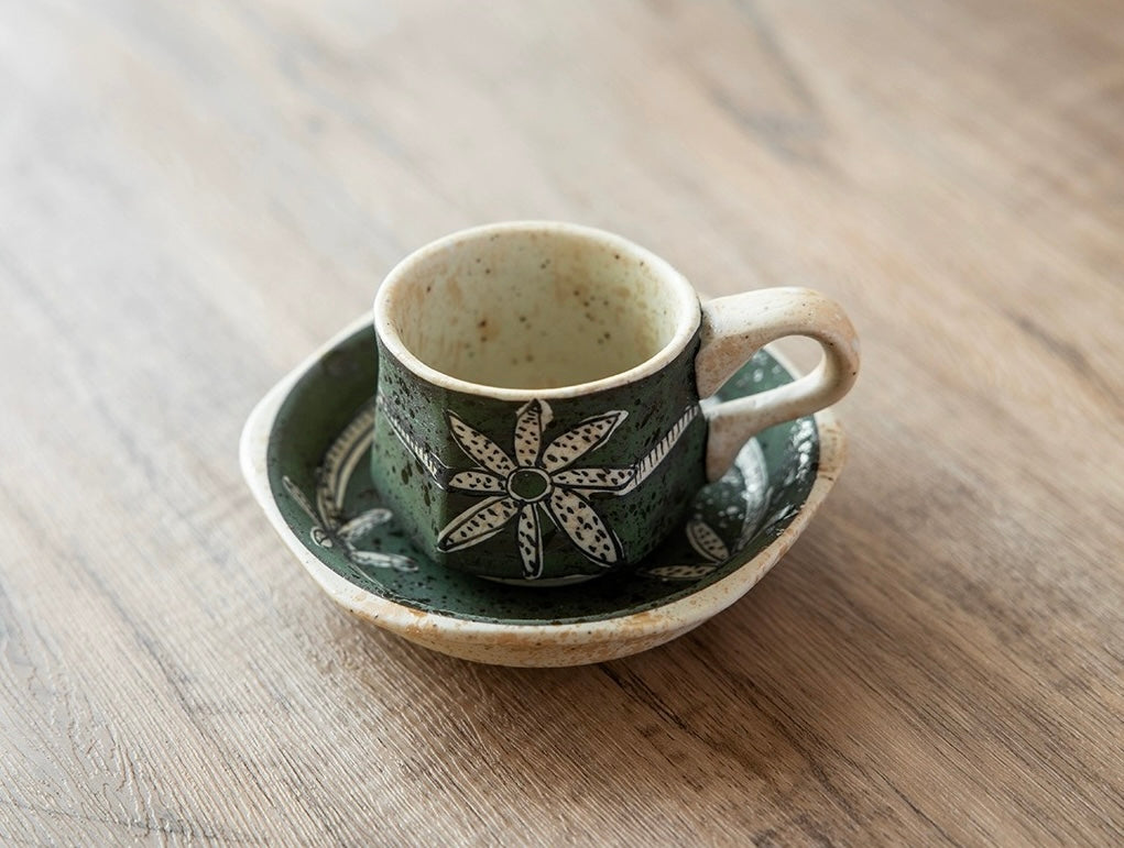 Hasami-Yaki Ceramic Hand-Painted Floral and Leaf Pattern Coffee Cup - Coffee Sets - Hikari Spirits