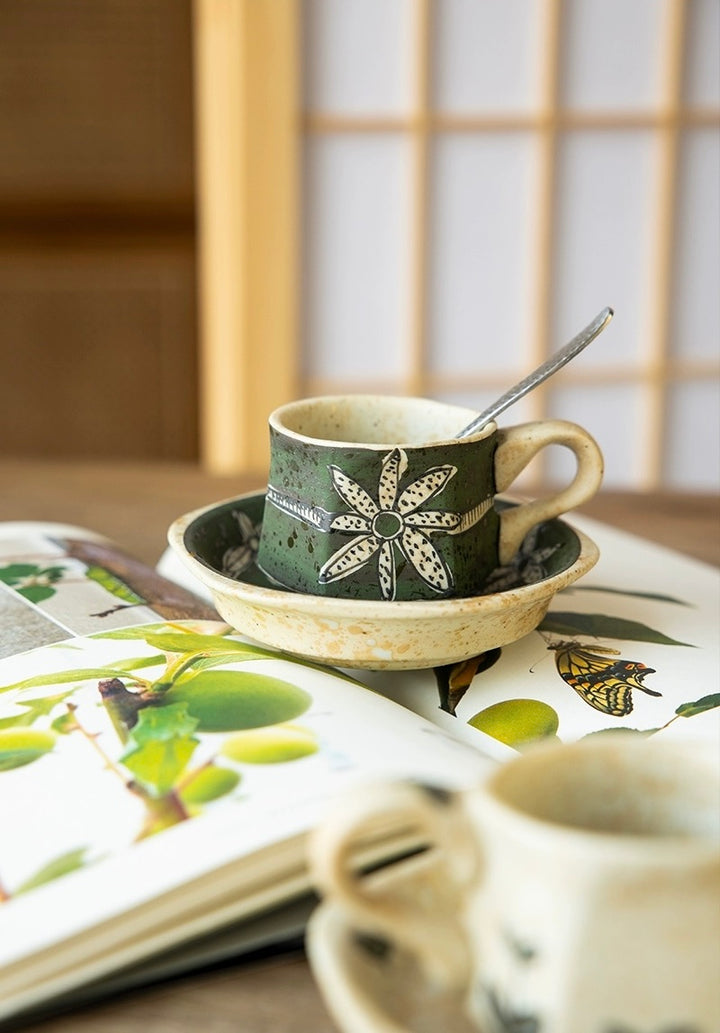 Hasami-Yaki Ceramic Hand-Painted Floral and Leaf Pattern Coffee Cup - Coffee Sets - Hikari Spirits