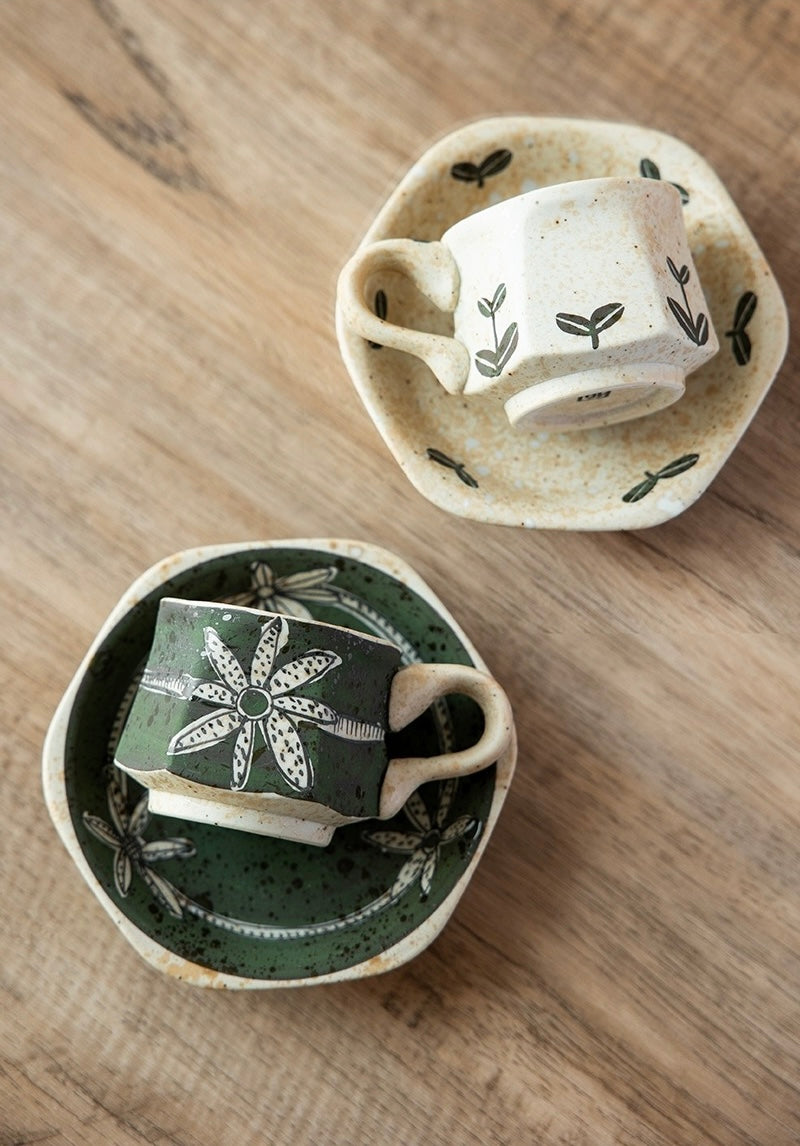 Hasami-Yaki Ceramic Hand-Painted Floral and Leaf Pattern Coffee Cup - Coffee Sets - Hikari Spirits