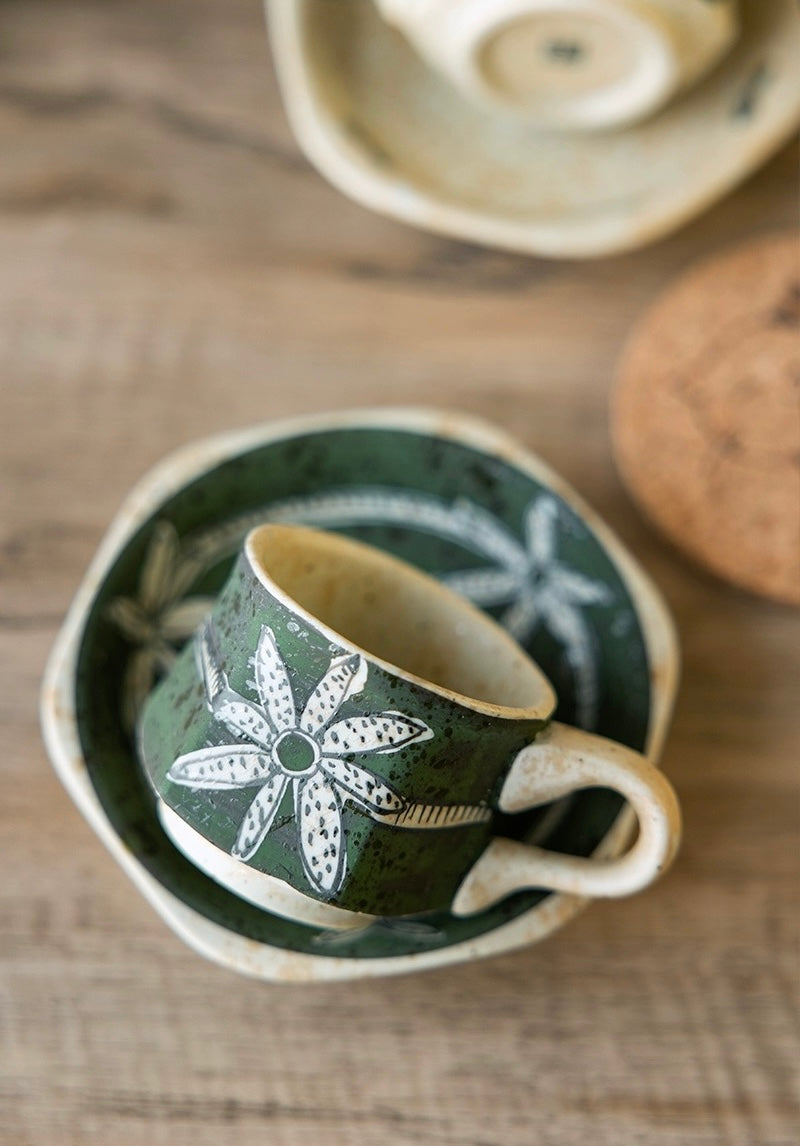 Hasami-Yaki Ceramic Hand-Painted Floral and Leaf Pattern Coffee Cup - Coffee Sets - Hikari Spirits