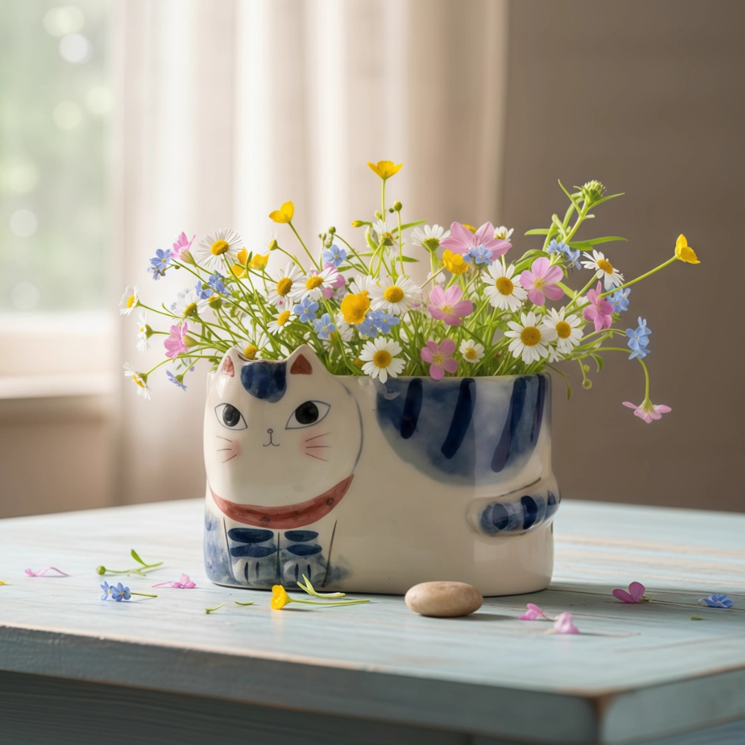 Kanesan Hand-Painted Cat Ceramic Planter - Japanese Craftmanship - Handcraft - Made in Japan - Luxury Gift - Premium Gift- Wedding Gift - House-Warming Gift - Edo Kiriko - Japanese Artisan - Japanese Whisky Glass - Japanese Whiskey Glass - Japanese Chopsticks - Japanese Bowls - Handcrafted Mug - Handcrafted Plate - Japanese Mug - Japanese Knife - Japanese whiskey glass gift - premium whiskey glass - artisan whiskey glass - Japanese artisan glassware - Edo Kiriko whiskey glass - Vase - Hikari Spirits