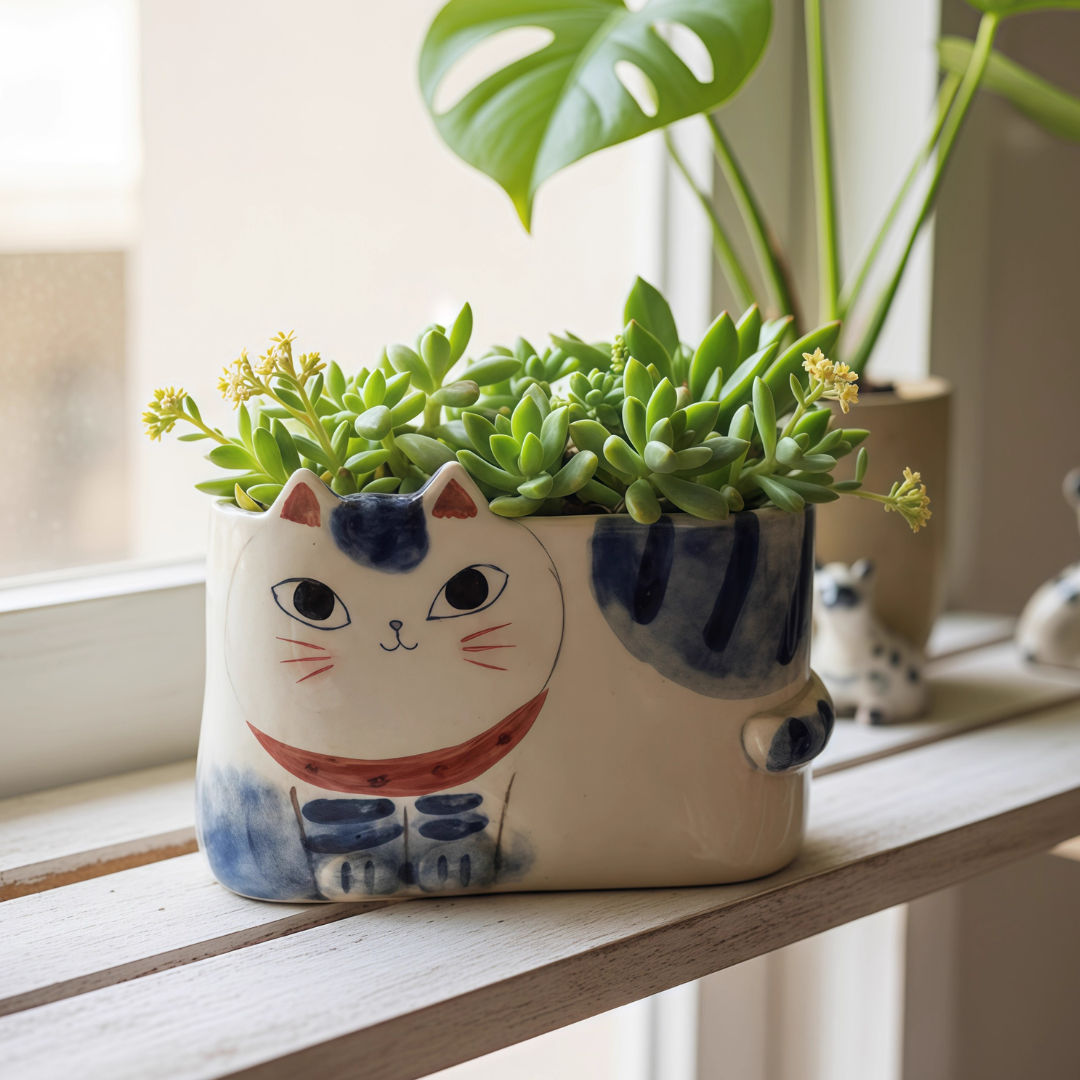 Kanesan Hand-Painted Cat Ceramic Planter - Japanese Craftmanship - Handcraft - Made in Japan - Luxury Gift - Premium Gift- Wedding Gift - House-Warming Gift - Edo Kiriko - Japanese Artisan - Japanese Whisky Glass - Japanese Whiskey Glass - Japanese Chopsticks - Japanese Bowls - Handcrafted Mug - Handcrafted Plate - Japanese Mug - Japanese Knife - Japanese whiskey glass gift - premium whiskey glass - artisan whiskey glass - Japanese artisan glassware - Edo Kiriko whiskey glass - Vase - Hikari Spirits
