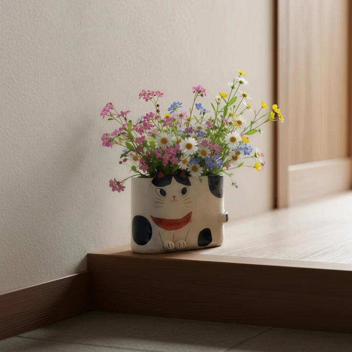 Kanesan Hand-Painted Cat Ceramic Planter - Japanese Craftmanship - Handcraft - Made in Japan - Luxury Gift - Premium Gift- Wedding Gift - House-Warming Gift - Edo Kiriko - Japanese Artisan - Japanese Whisky Glass - Japanese Whiskey Glass - Japanese Chopsticks - Japanese Bowls - Handcrafted Mug - Handcrafted Plate - Japanese Mug - Japanese Knife - Japanese whiskey glass gift - premium whiskey glass - artisan whiskey glass - Japanese artisan glassware - Edo Kiriko whiskey glass - Vase - Hikari Spirits