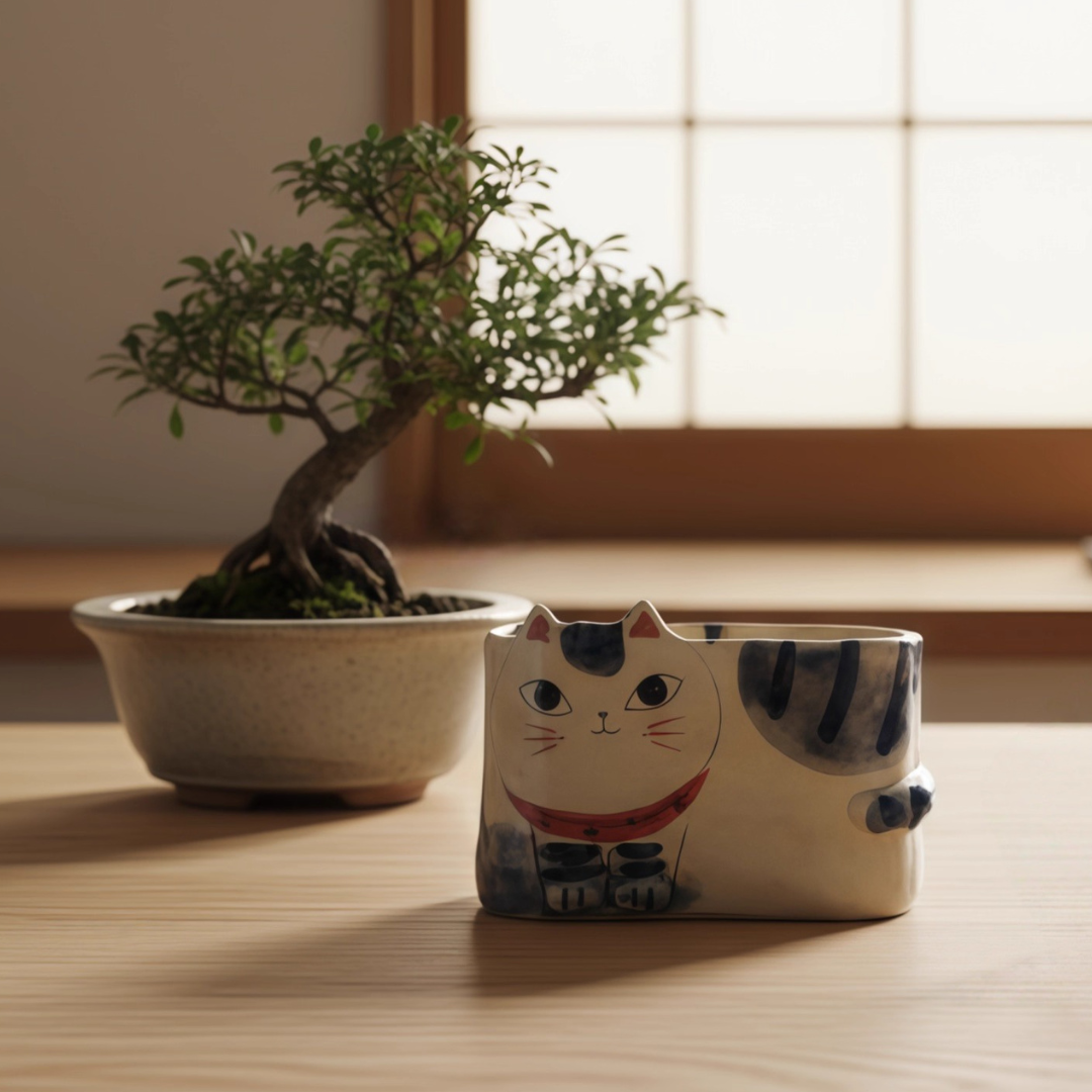 Kanesan Hand-Painted Cat Ceramic Planter - Japanese Craftmanship - Handcraft - Made in Japan - Luxury Gift - Premium Gift- Wedding Gift - House-Warming Gift - Edo Kiriko - Japanese Artisan - Japanese Whisky Glass - Japanese Whiskey Glass - Japanese Chopsticks - Japanese Bowls - Handcrafted Mug - Handcrafted Plate - Japanese Mug - Japanese Knife - Japanese whiskey glass gift - premium whiskey glass - artisan whiskey glass - Japanese artisan glassware - Edo Kiriko whiskey glass - Vase - Hikari Spirits