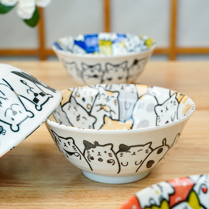 Mino Ware Cat and Dog Series Underglaze Rice Bowl