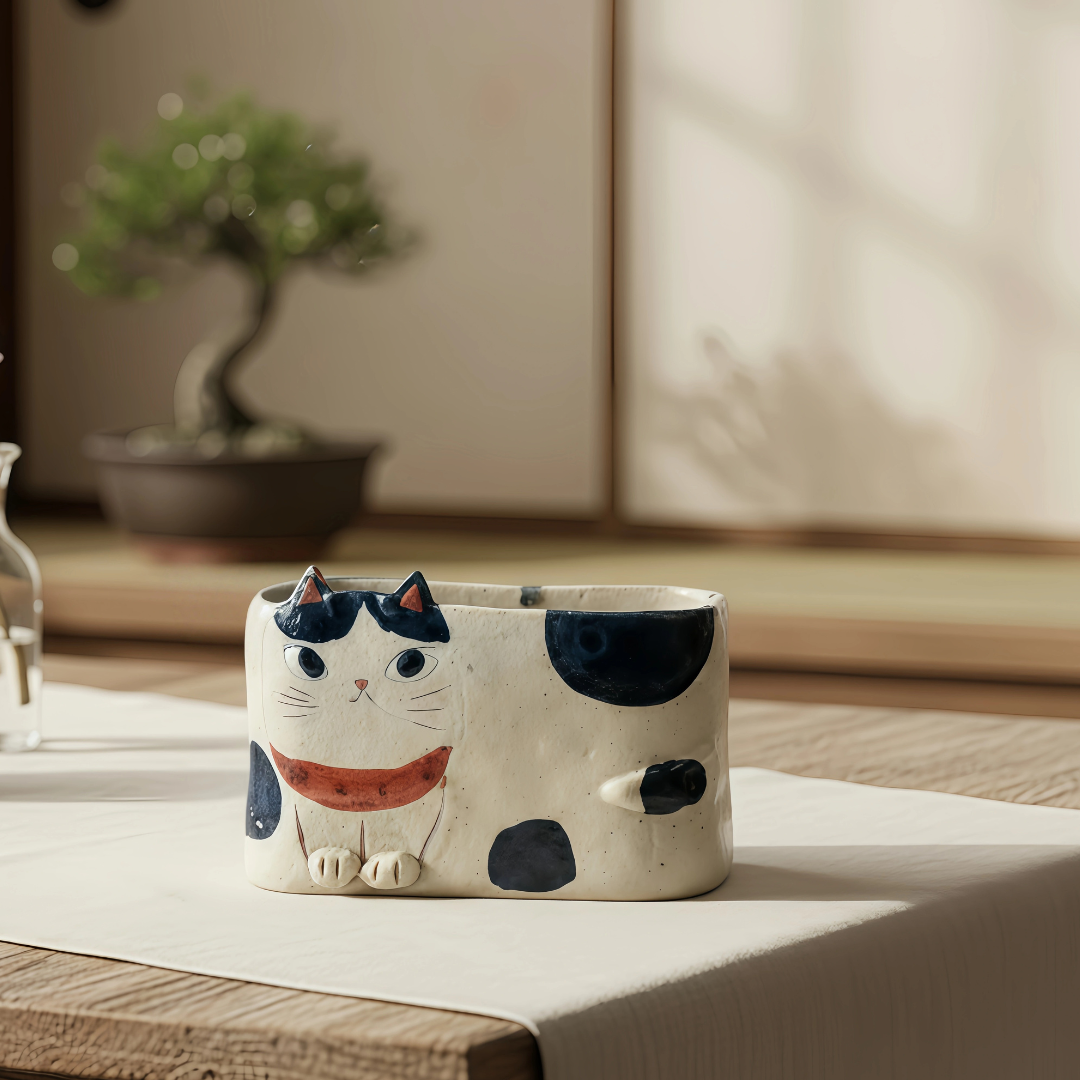 Kanesan Hand-Painted Cat Ceramic Planter - Japanese Craftmanship - Handcraft - Made in Japan - Luxury Gift - Premium Gift- Wedding Gift - House-Warming Gift - Edo Kiriko - Japanese Artisan - Japanese Whisky Glass - Japanese Whiskey Glass - Japanese Chopsticks - Japanese Bowls - Handcrafted Mug - Handcrafted Plate - Japanese Mug - Japanese Knife - Japanese whiskey glass gift - premium whiskey glass - artisan whiskey glass - Japanese artisan glassware - Edo Kiriko whiskey glass - Vase - Hikari Spirits